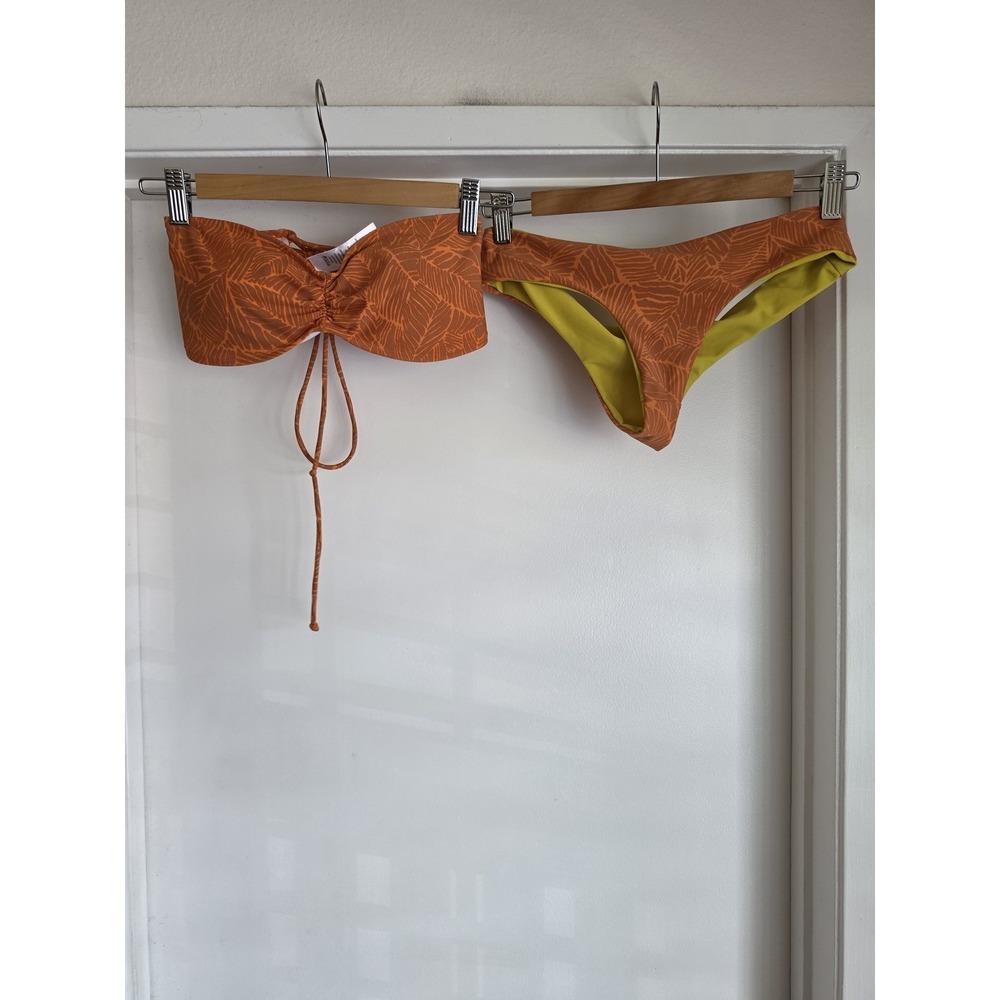 RVCA Orange Patterned Bandeau Bikini Set with Lime Green Lining